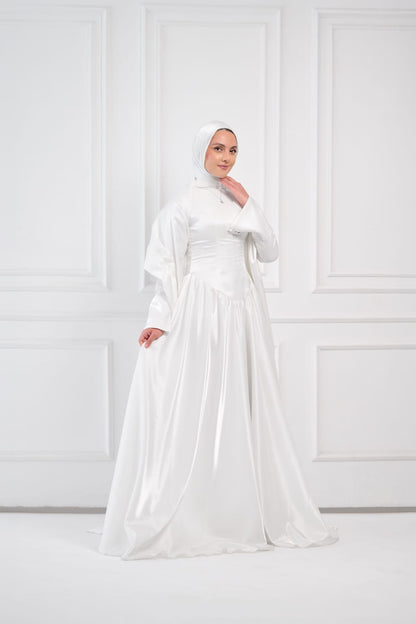 Flowing Grace Statement Sleeve Dress in Off-White