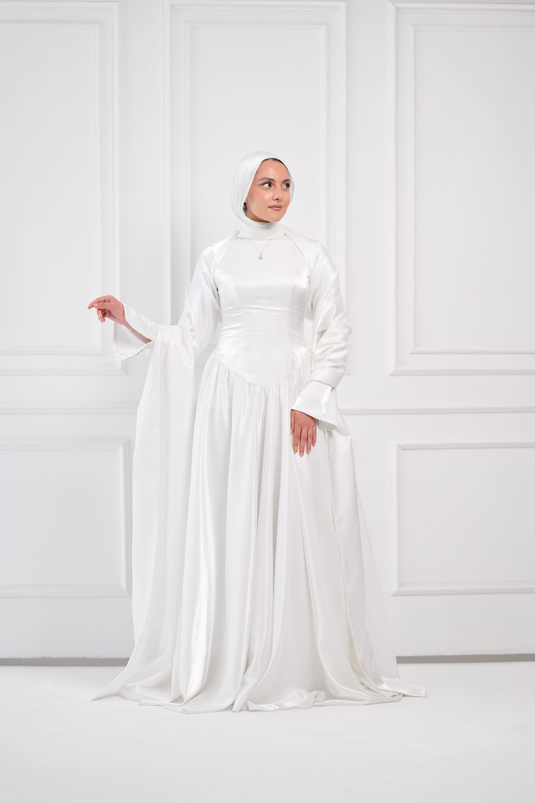 Flowing Grace Statement Sleeve Dress in Off-White