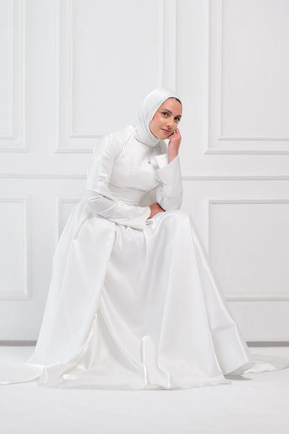 Flowing Grace Statement Sleeve Dress in Off-White