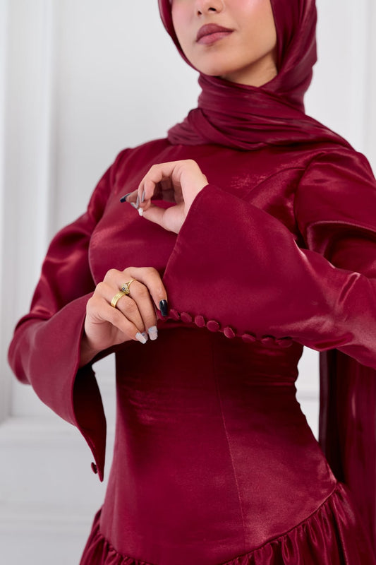 Flowing Grace Statement Sleeve Dress in Burgundy