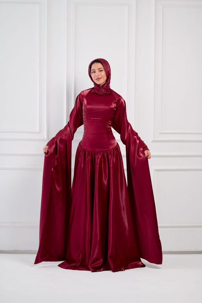 Flowing Grace Statement Sleeve Dress in Burgundy