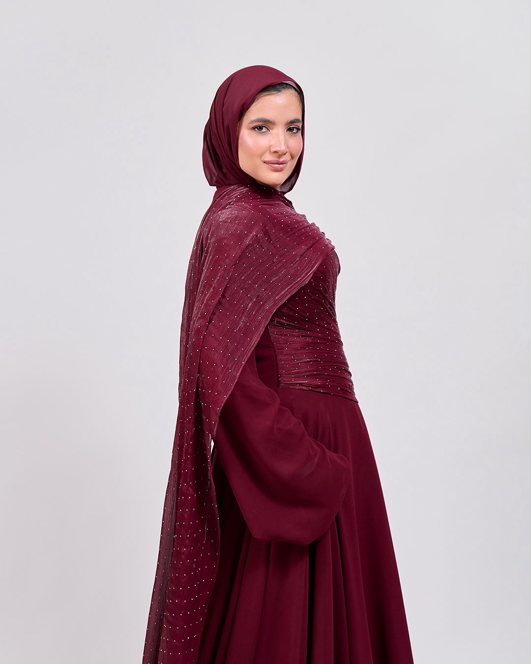 The Serene Drape Dress in Burgundy – Shoulder Extension & Shimmer