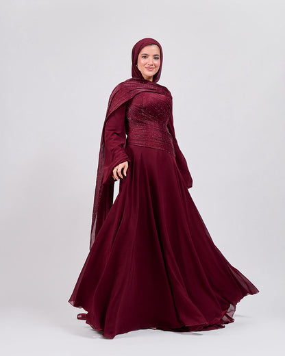 The Serene Drape Dress in Burgundy – Shoulder Extension & Shimmer