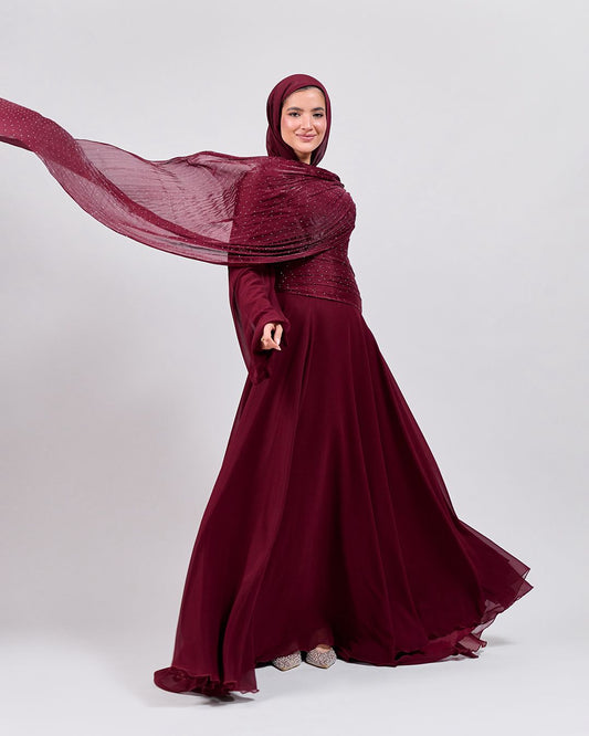 The Serene Drape Dress in Burgundy – Shoulder Extension & Shimmer