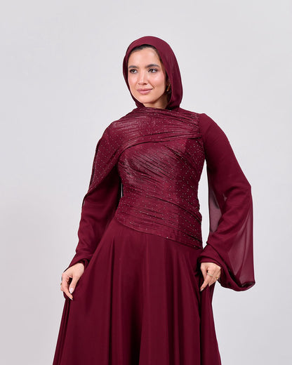 The Serene Drape Dress in Burgundy – Shoulder Extension & Shimmer