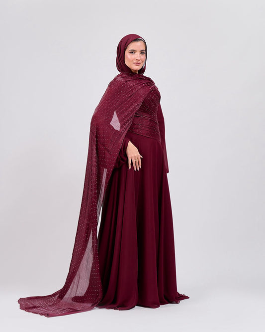 The Serene Drape Dress in Burgundy – Shoulder Extension & Shimmer