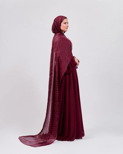 The Serene Drape Dress in Burgundy – Shoulder Extension & Shimmer