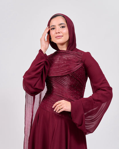 The Serene Drape Dress in Burgundy – Shoulder Extension & Shimmer