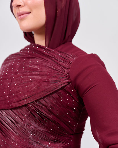 The Serene Drape Dress in Burgundy – Shoulder Extension & Shimmer