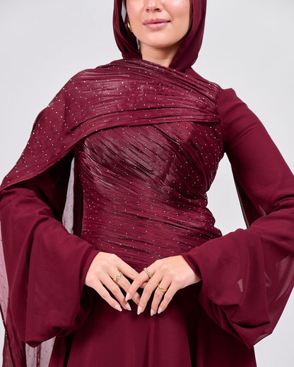 The Serene Drape Dress in Burgundy – Shoulder Extension & Shimmer