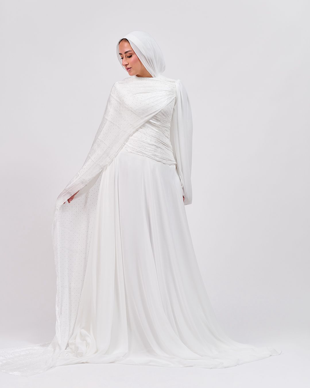 The Serene Drape Dress in Off White – Shoulder Extension & Shimmer