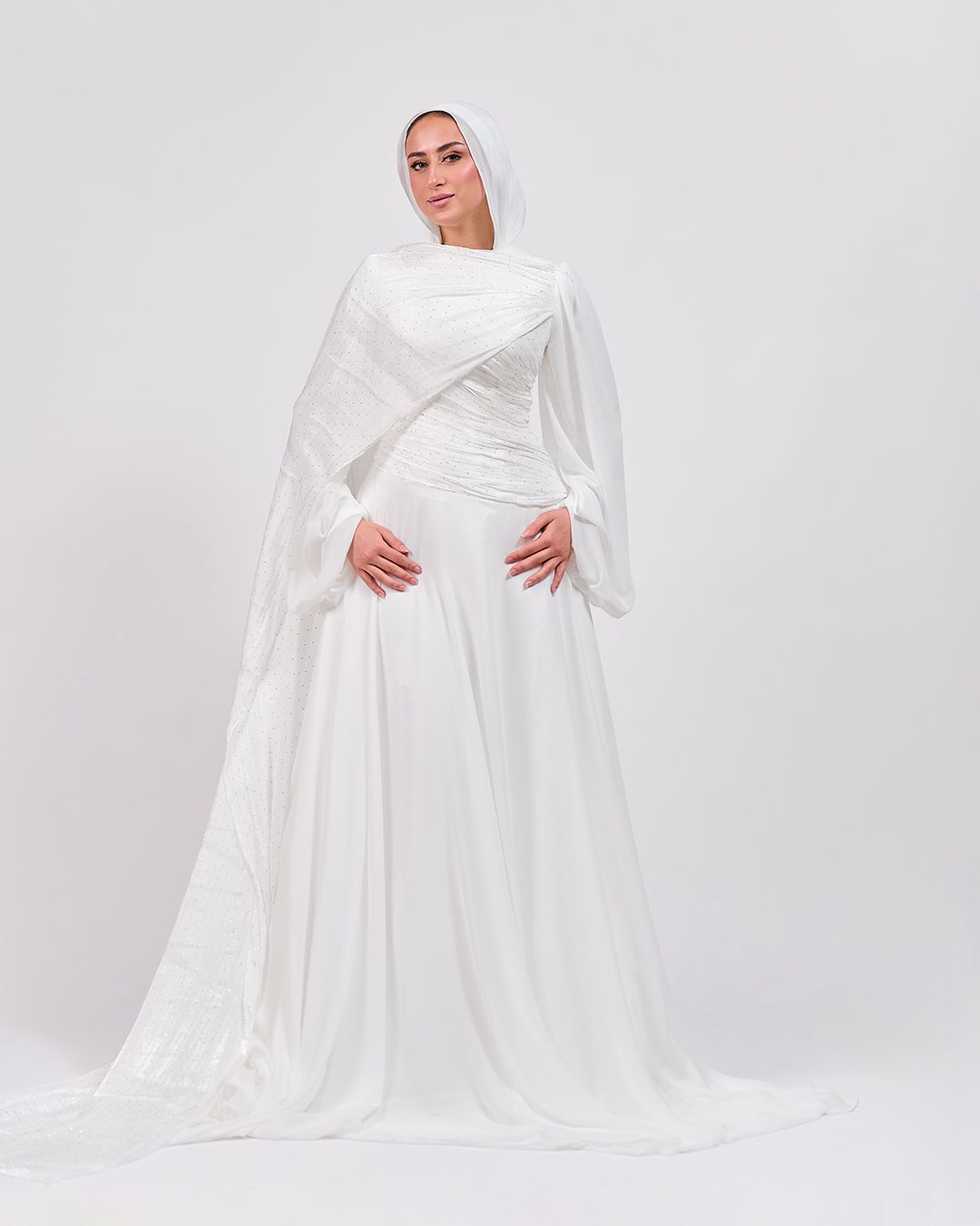 The Serene Drape Dress in Off White – Shoulder Extension & Shimmer