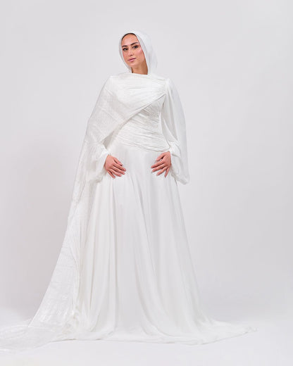 The Serene Drape Dress in Off White – Shoulder Extension & Shimmer