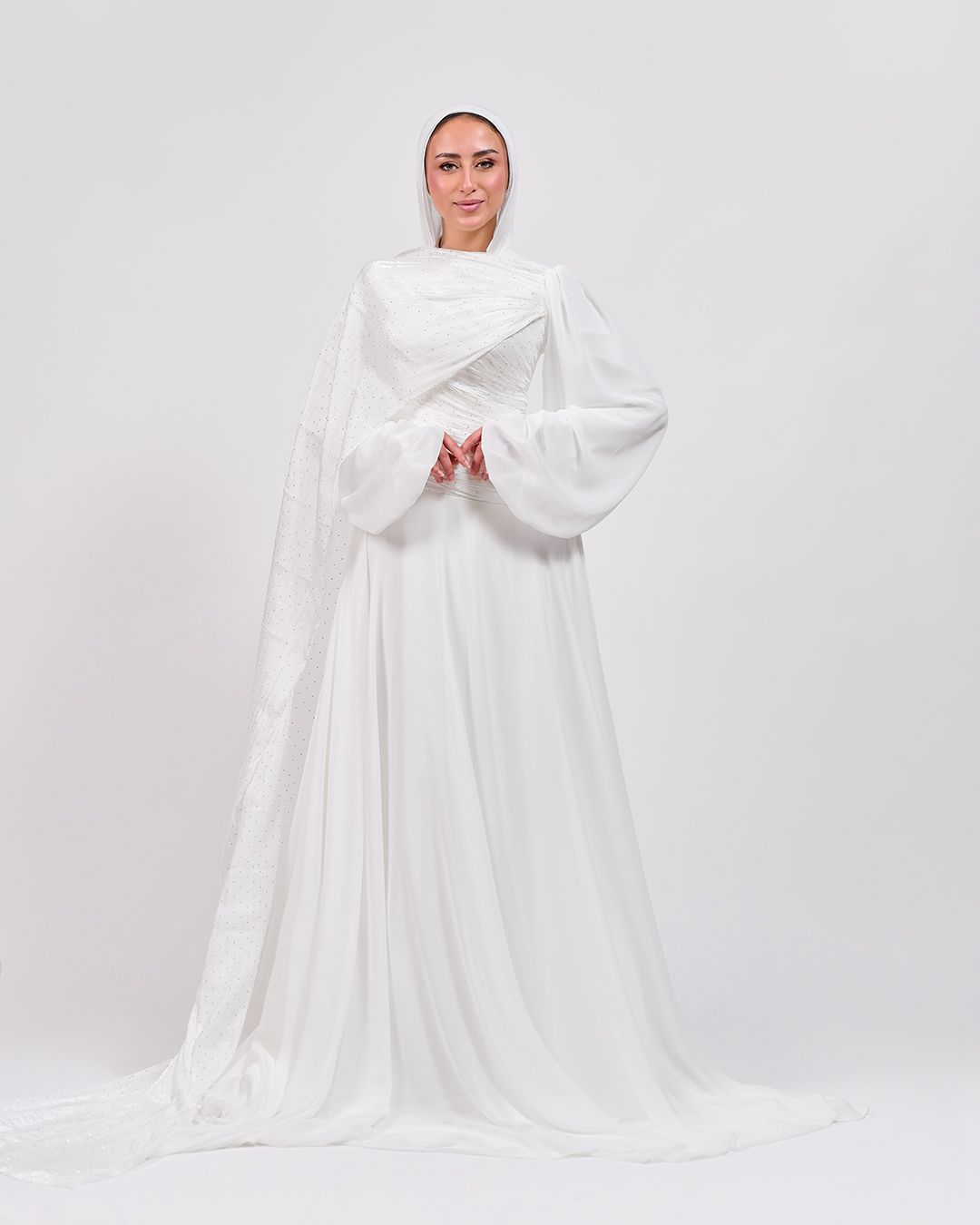 The Serene Drape Dress in Off White – Shoulder Extension & Shimmer