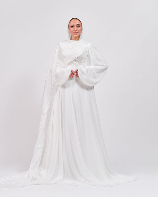 The Serene Drape Dress in Off White – Shoulder Extension & Shimmer