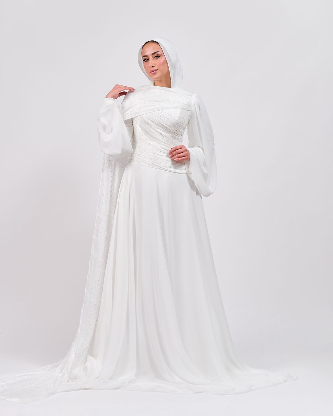 The Serene Drape Dress in Off White – Shoulder Extension & Shimmer