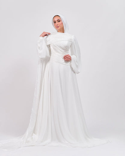 The Serene Drape Dress in Off White – Shoulder Extension & Shimmer