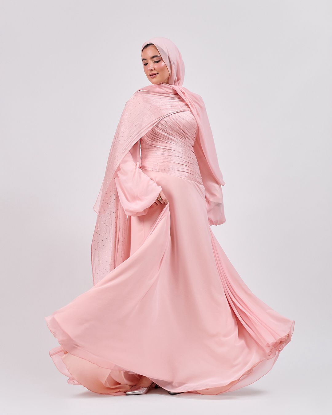 The Serene Drape Dress in Rose Blush – Shoulder Extension & Shimmer