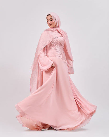 The Serene Drape Dress in Rose Blush – Shoulder Extension & Shimmer