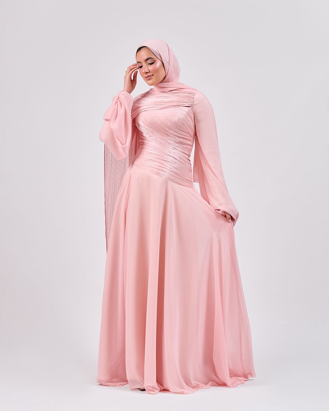 The Serene Drape Dress in Rose Blush – Shoulder Extension & Shimmer