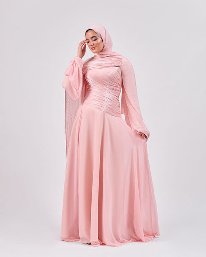 The Serene Drape Dress in Rose Blush – Shoulder Extension & Shimmer
