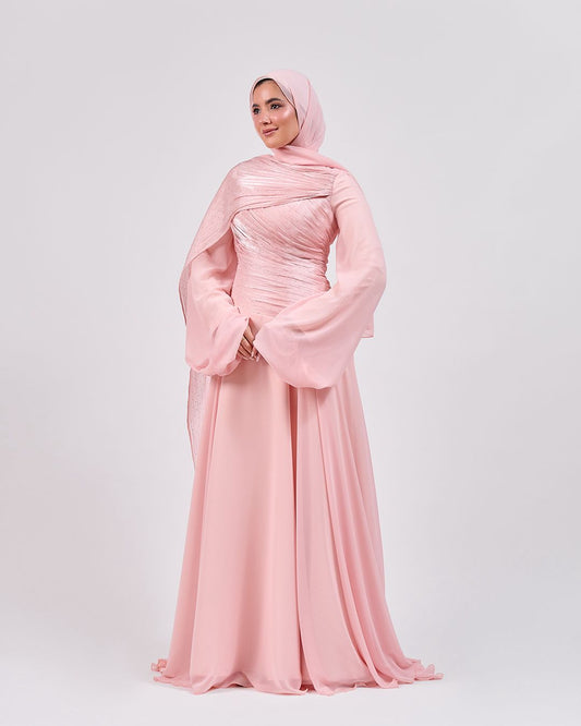 The Serene Drape Dress in Rose Blush – Shoulder Extension & Shimmer