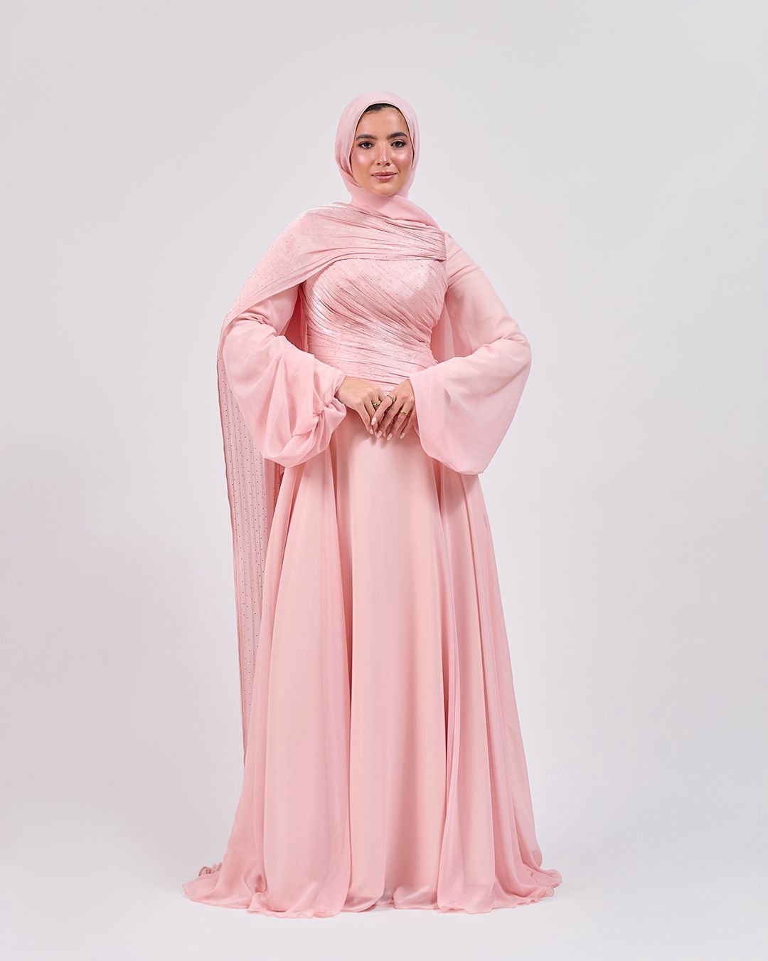 The Serene Drape Dress in Rose Blush – Shoulder Extension & Shimmer