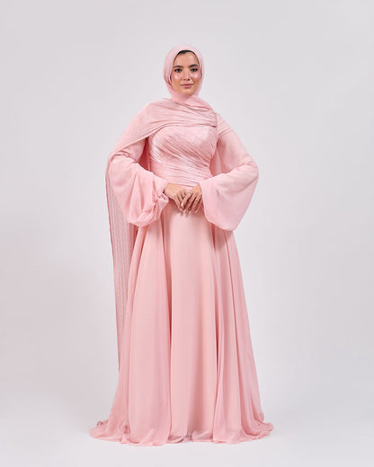 The Serene Drape Dress in Rose Blush – Shoulder Extension & Shimmer