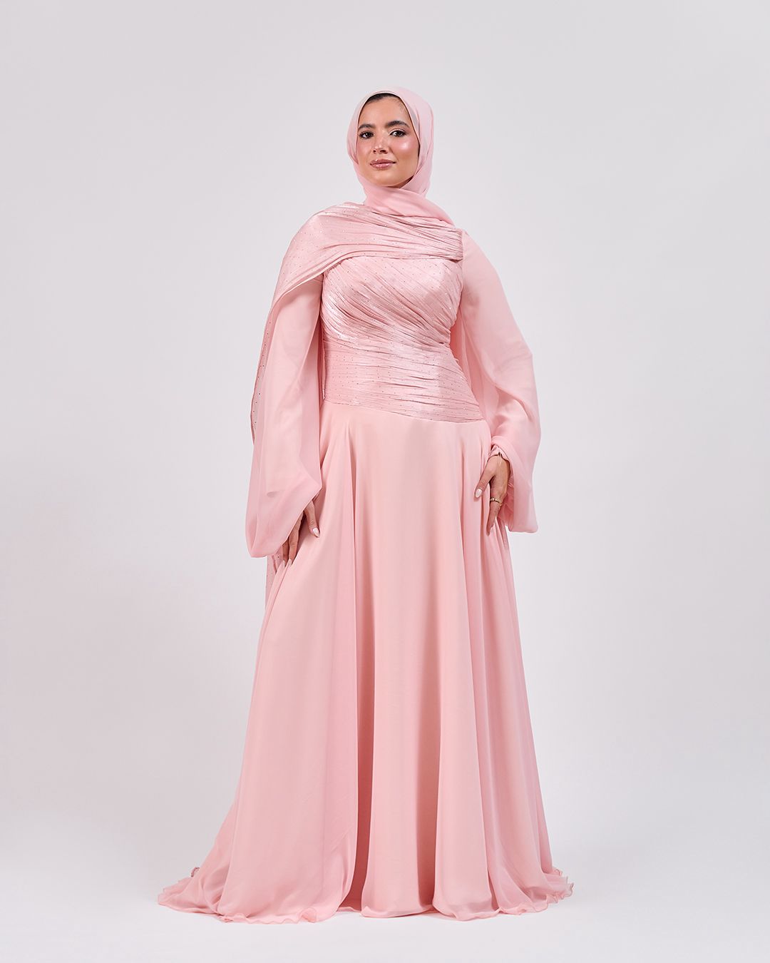 The Serene Drape Dress in Rose Blush – Shoulder Extension & Shimmer
