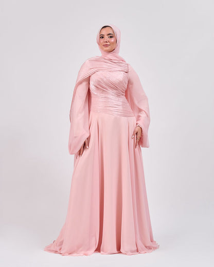 The Serene Drape Dress in Rose Blush – Shoulder Extension & Shimmer