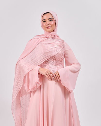 The Serene Drape Dress in Rose Blush – Shoulder Extension & Shimmer