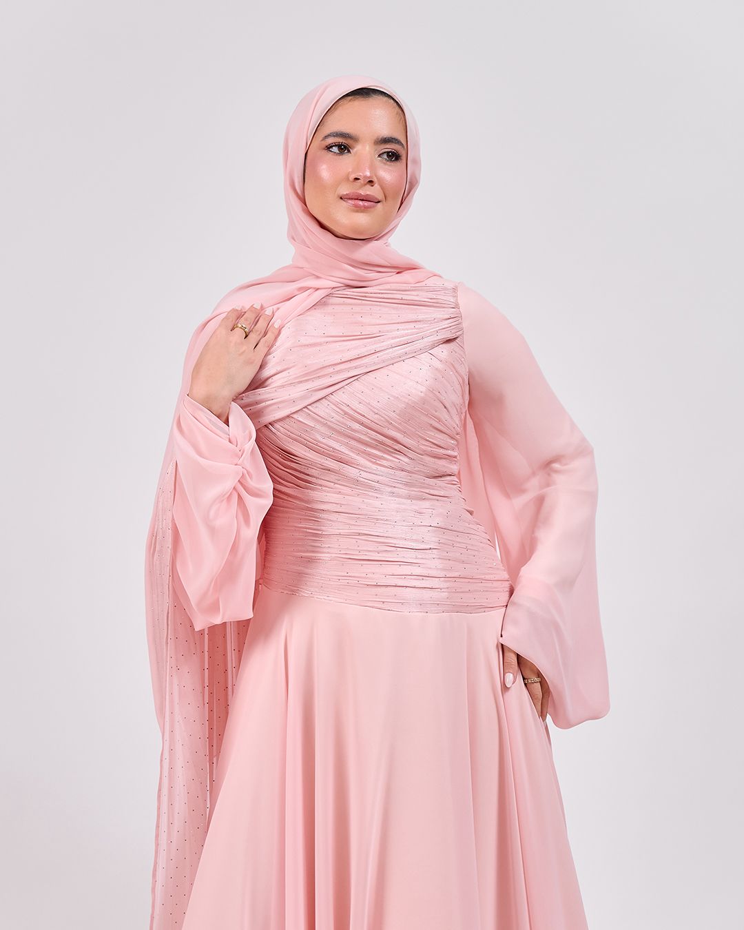 The Serene Drape Dress in Rose Blush – Shoulder Extension & Shimmer
