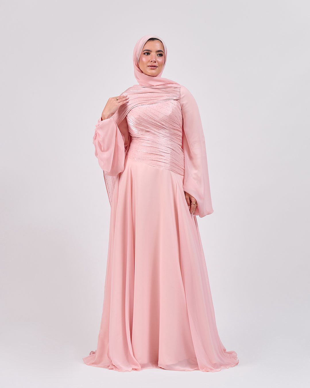 The Serene Drape Dress in Rose Blush – Shoulder Extension & Shimmer