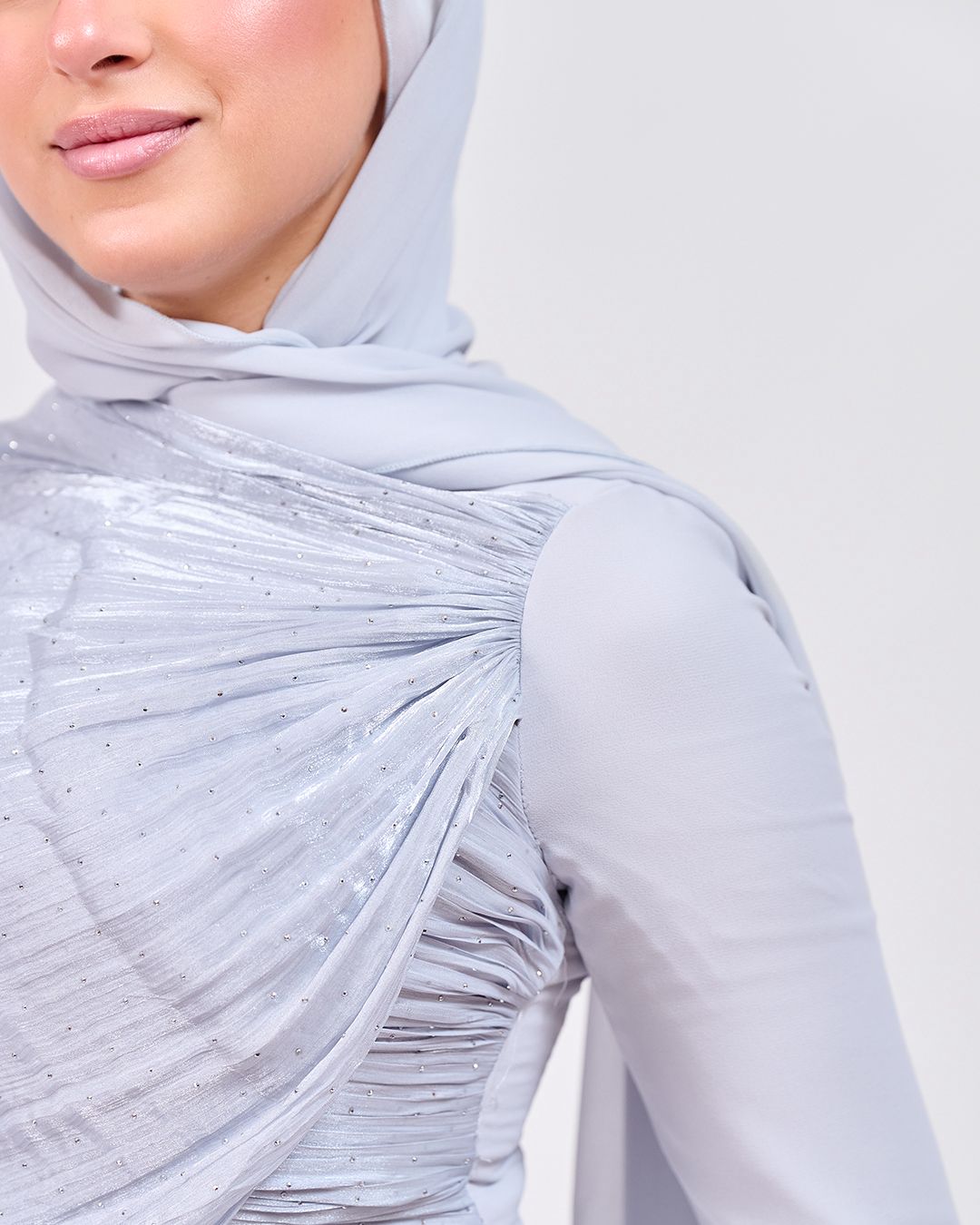 The Serene Drape Dress in Baby Blue – Shoulder Extension & Shimmer