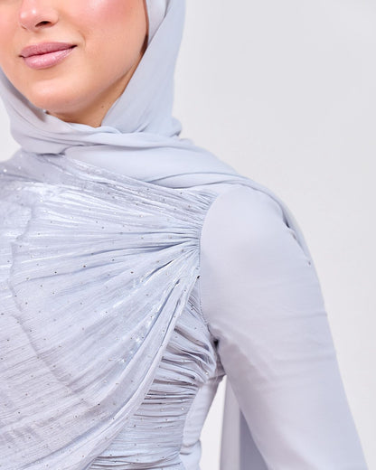 The Serene Drape Dress in Baby Blue – Shoulder Extension & Shimmer