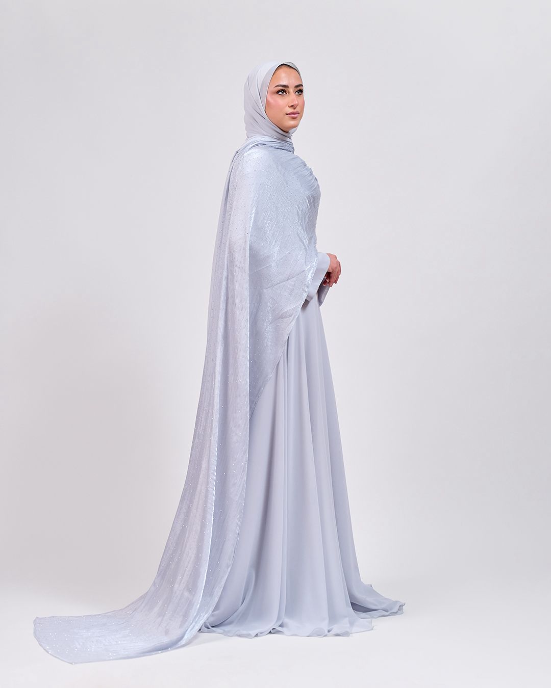 The Serene Drape Dress in Baby Blue – Shoulder Extension & Shimmer