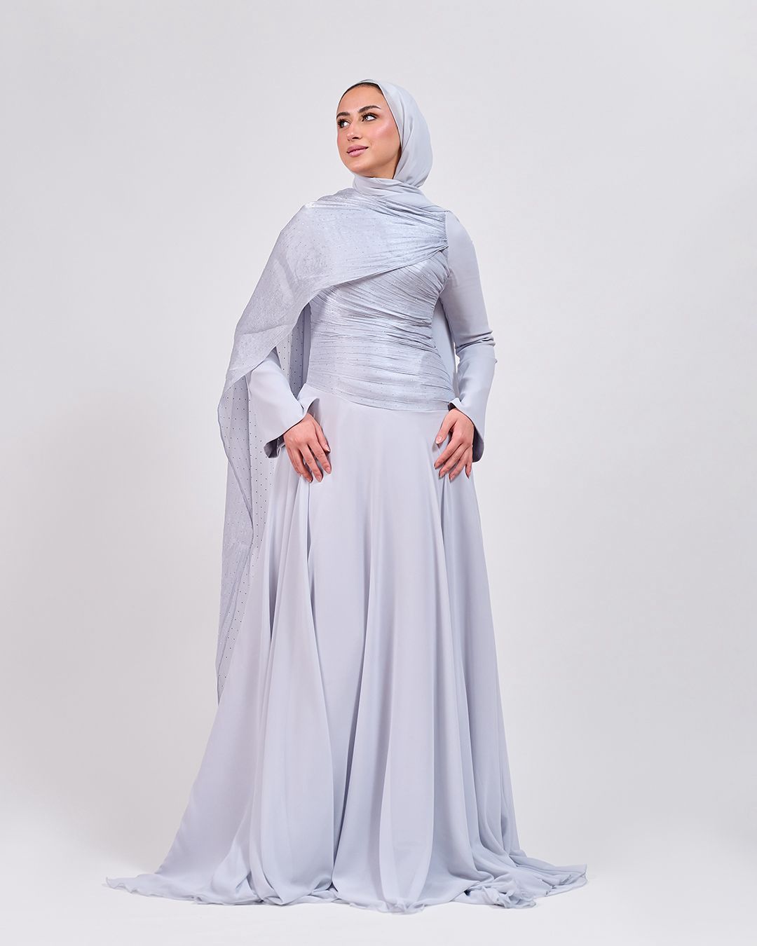 The Serene Drape Dress in Baby Blue – Shoulder Extension & Shimmer