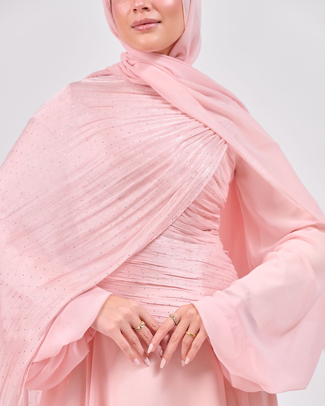 The Serene Drape Dress in Rose Blush – Shoulder Extension & Shimmer