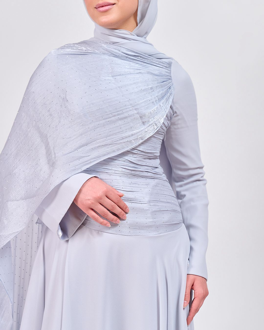 The Serene Drape Dress in Baby Blue – Shoulder Extension & Shimmer
