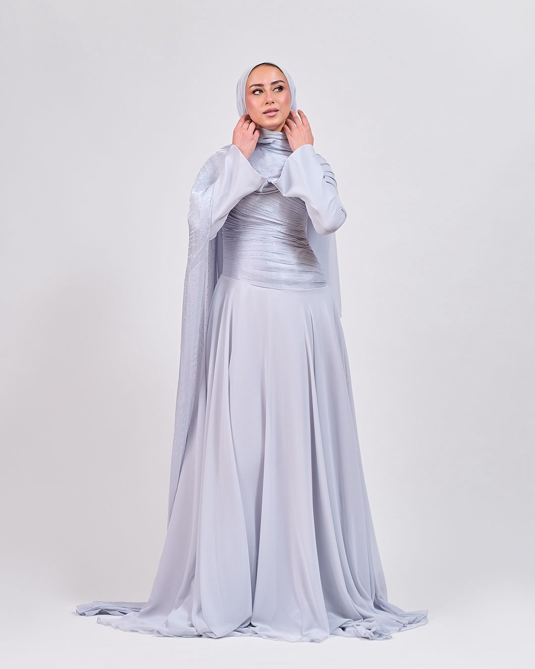 The Serene Drape Dress in Baby Blue – Shoulder Extension & Shimmer