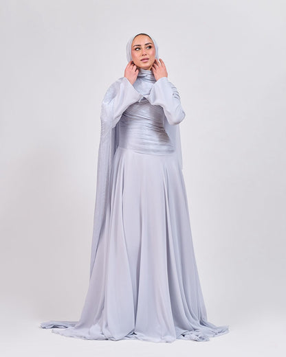 The Serene Drape Dress in Baby Blue – Shoulder Extension & Shimmer