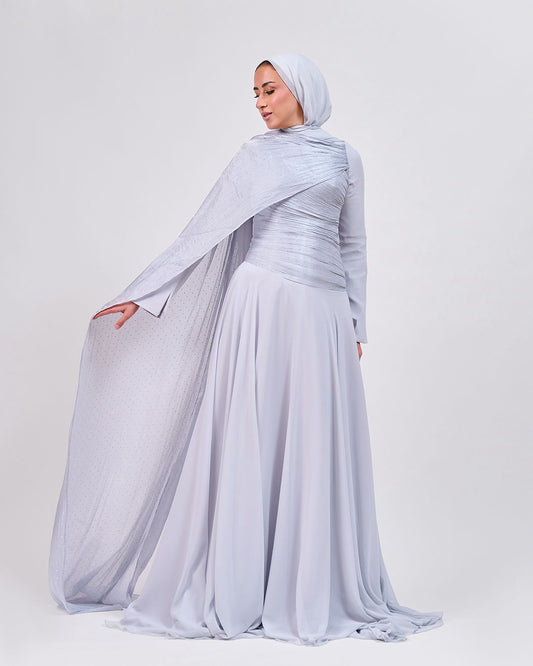 The Serene Drape Dress in Baby Blue – Shoulder Extension & Shimmer