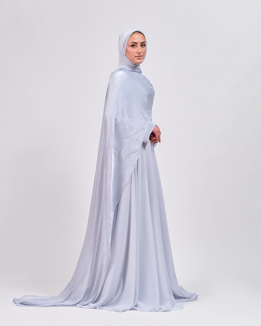The Serene Drape Dress in Baby Blue – Shoulder Extension & Shimmer