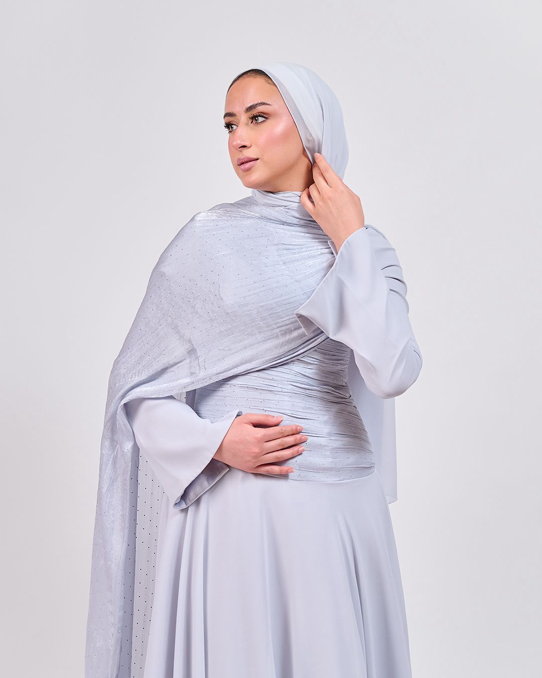 The Serene Drape Dress in Baby Blue – Shoulder Extension & Shimmer