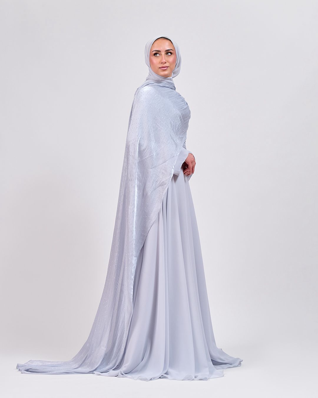 The Serene Drape Dress in Baby Blue – Shoulder Extension & Shimmer