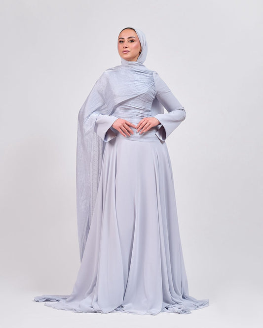 The Serene Drape Dress in Baby Blue – Shoulder Extension & Shimmer