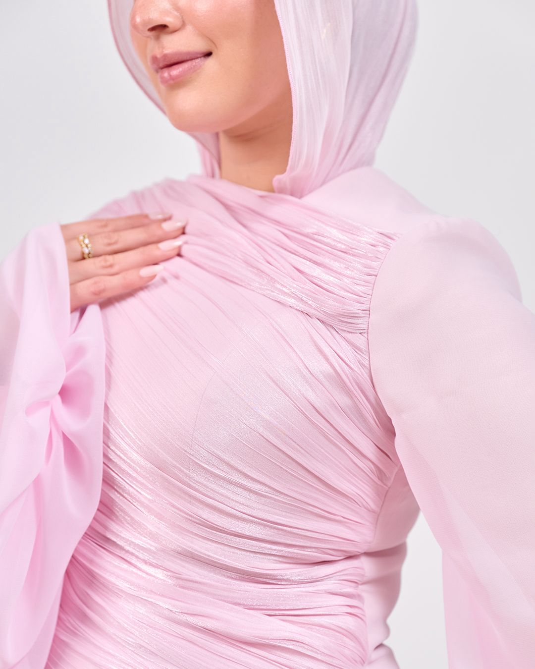The Serene Drape Dress in Powder Pink – Shoulder Extension