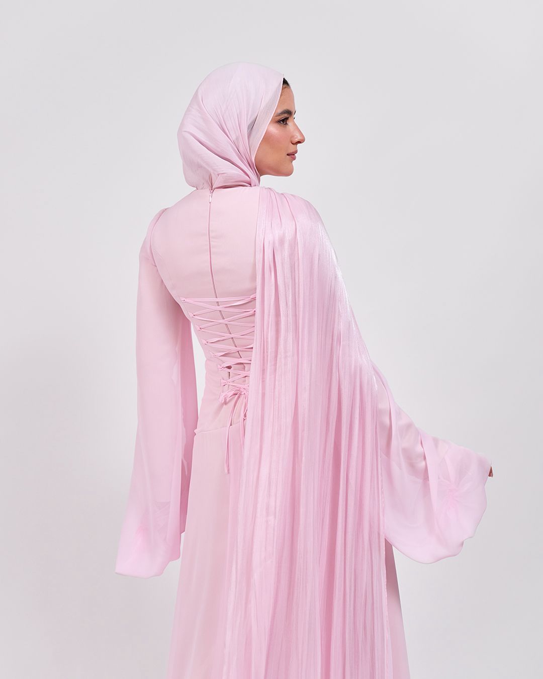 The Serene Drape Dress in Powder Pink – Shoulder Extension
