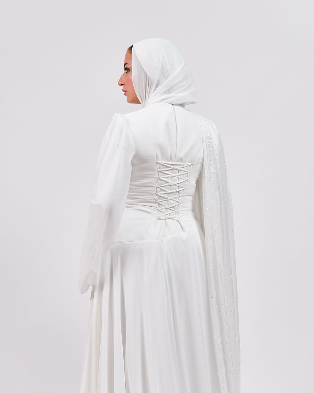 The Serene Drape Dress in Off White – Shoulder Extension & Shimmer