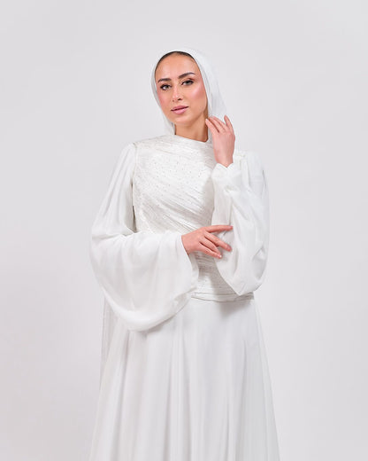 The Serene Drape Dress in Off White – Shoulder Extension & Shimmer